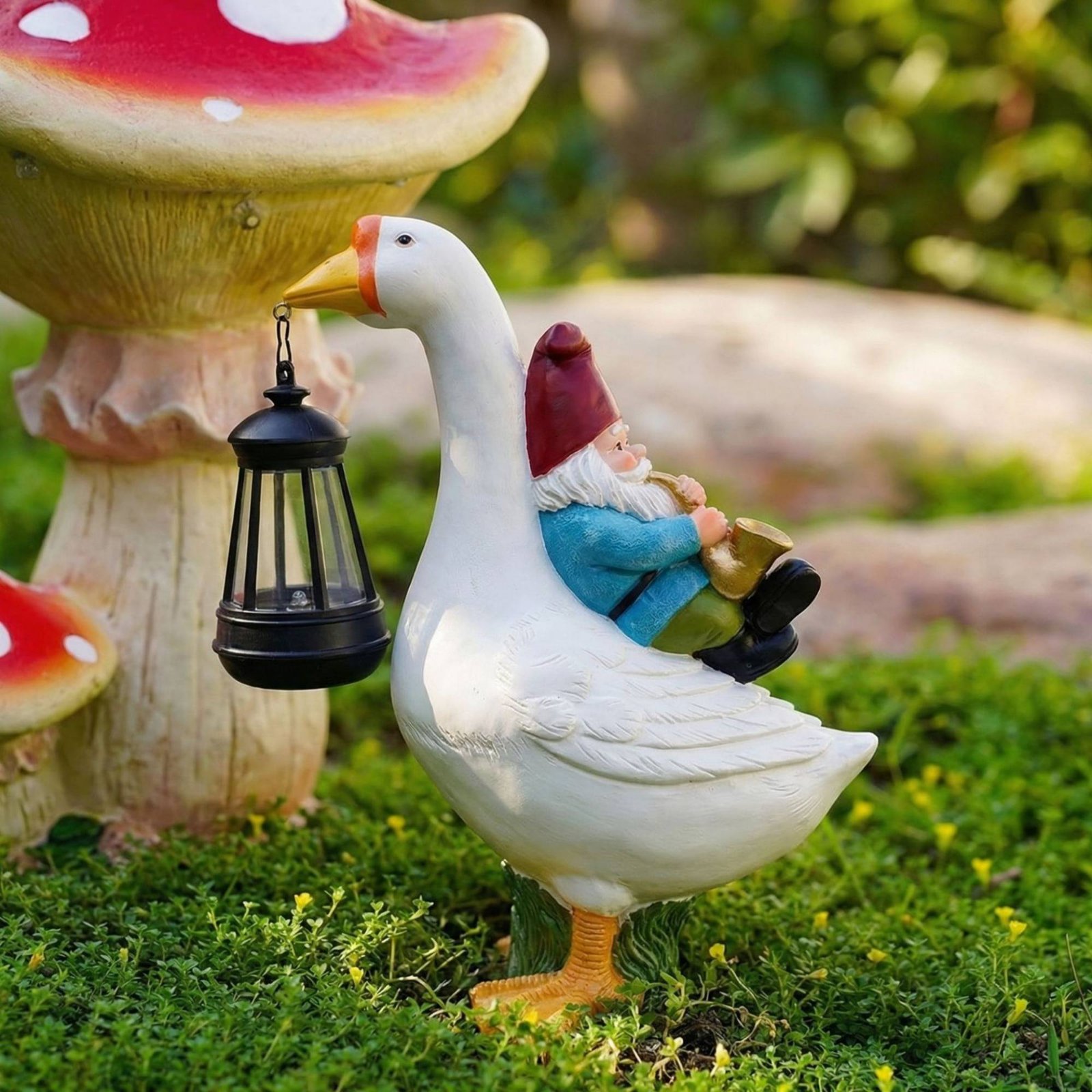 Gnome Riding Goose Statue Weat - đánh giá và giá Resin Crafts