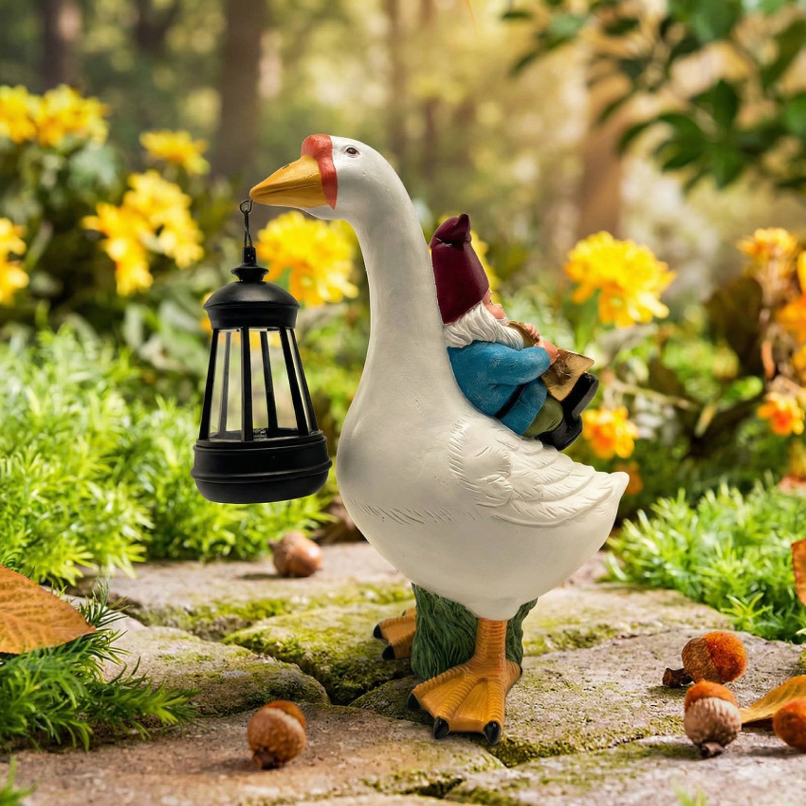 Gnome Riding Goose Statue Weat - đánh giá và giá Resin Crafts